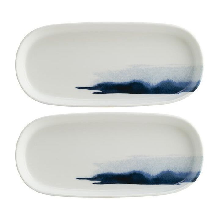 Blue Wave 8.5" x 4" x h:0.75" Oval Decorated Porcelain Platter (Set of 2)