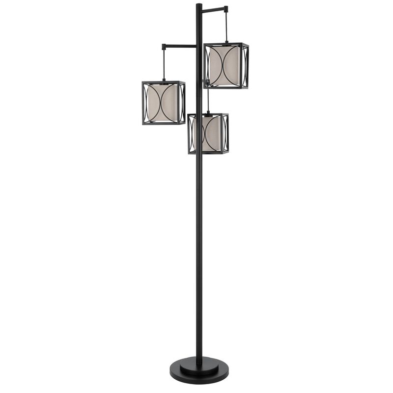 Lany 73 Inch Floor Lamp, 3 Hanging Lantern Style Shades, Black Iron - Benzara