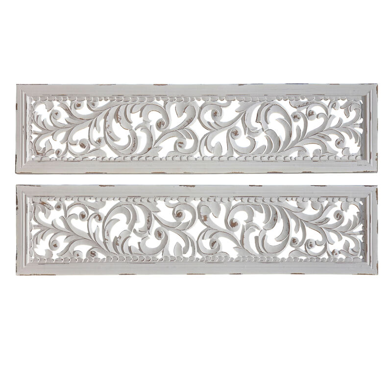 Ozy Carved Wall Art Panel Set of 2, Handcrafted Distressed White Mango Wood, 50 Inch Tall