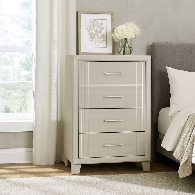 Charie Tall Dresser Chest with 4 Drawers, Tapered Feet, White Wood