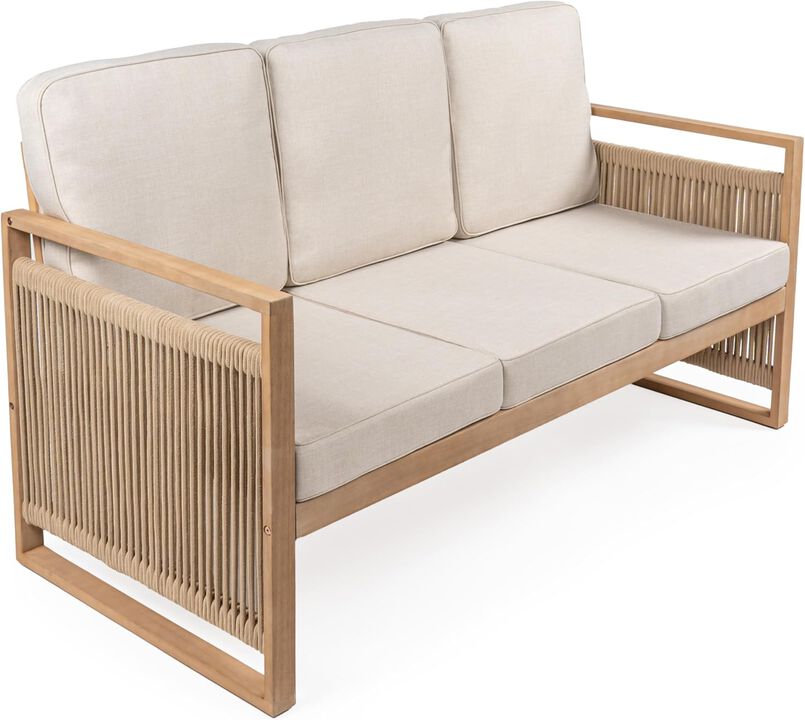 Mid-Century Roped Acacia Wood Outdoor Sofa