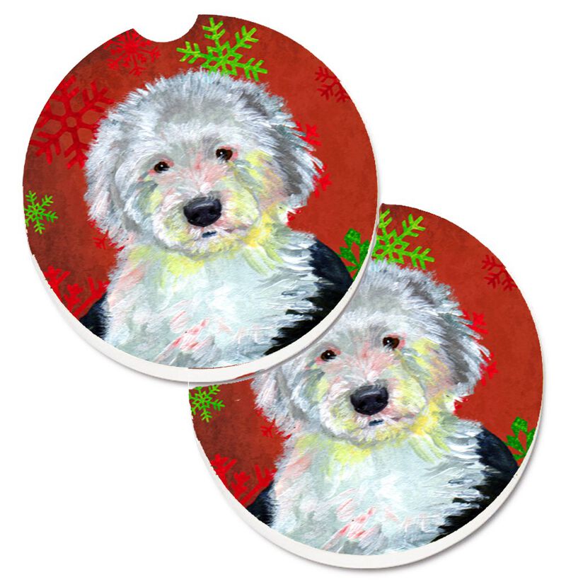 Caroline's Treasures Old English Sheepdog Red green Snowflakes Holiday Christmas Set of 2 Cup Holder Car Coasters LH9351CARC, 2.56, Multicolor image number 0