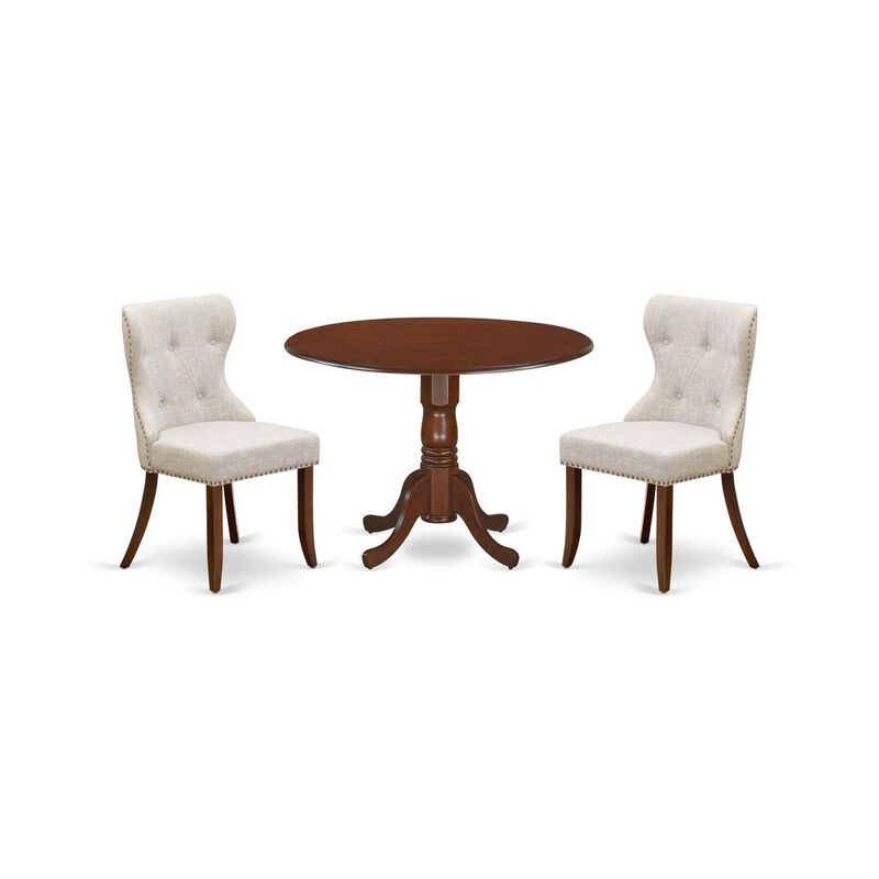East-West Furniture DLSI3-MAH-35 - A dining room table set of two wonderful dining chairs using Linen Fabric Doeskin color and a fantastic two 9" drop leaf round pedestal kitchen table in Mahogany Fin