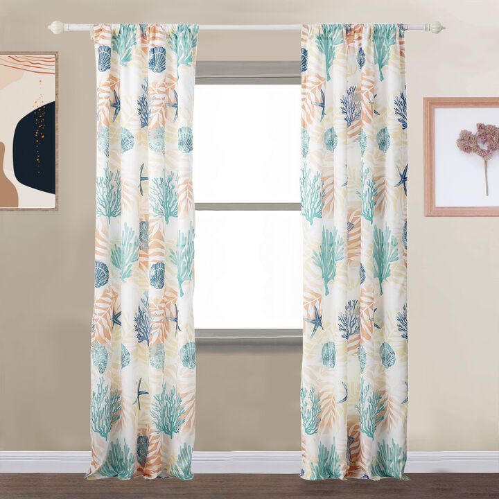 Geo 84 Inch Window Curtains, White Blue Polyester, Seashells Ferns Print - Benzara