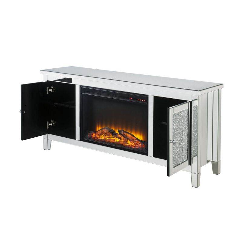 TV Stand with Electric Fireplace and Mirror Panel Framing, Silver