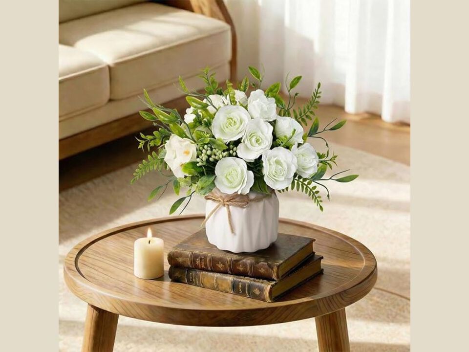 White Artificial Rose Flowers Vase Filler Silk Roses Ceramic