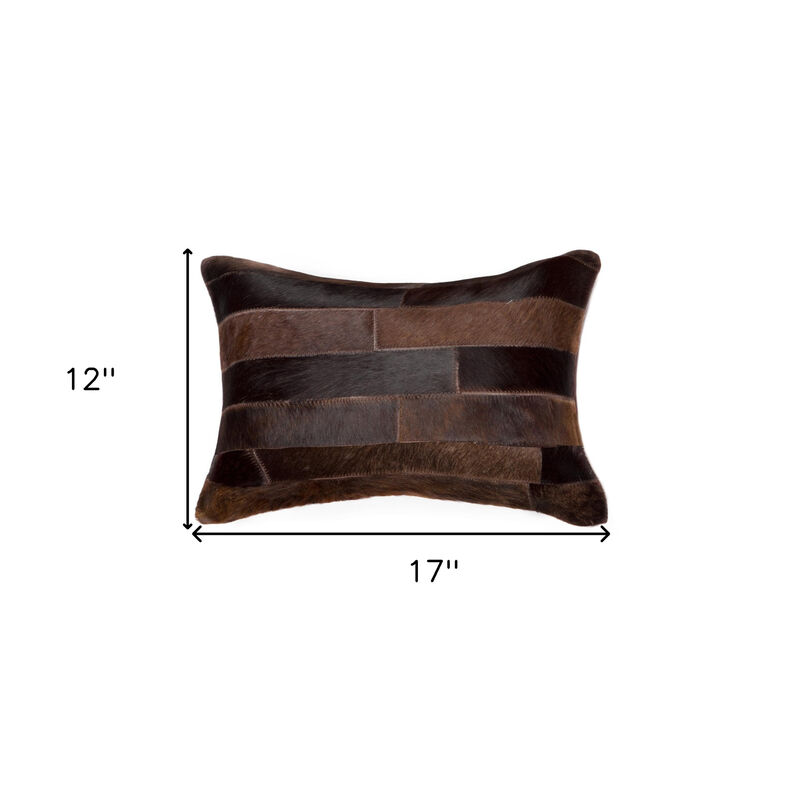 HomeRoots 12" X 20" Chocolate Patchwork Cowhide Lumbar Throw Pillow image number 3