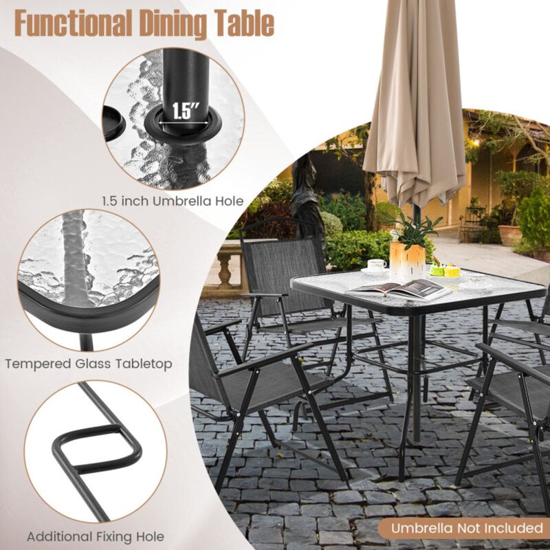 Mondawe 5-Piece Patio Dining Set,With 4 Foldable Chairs & Tempered Glass Table, Umbrella Hole