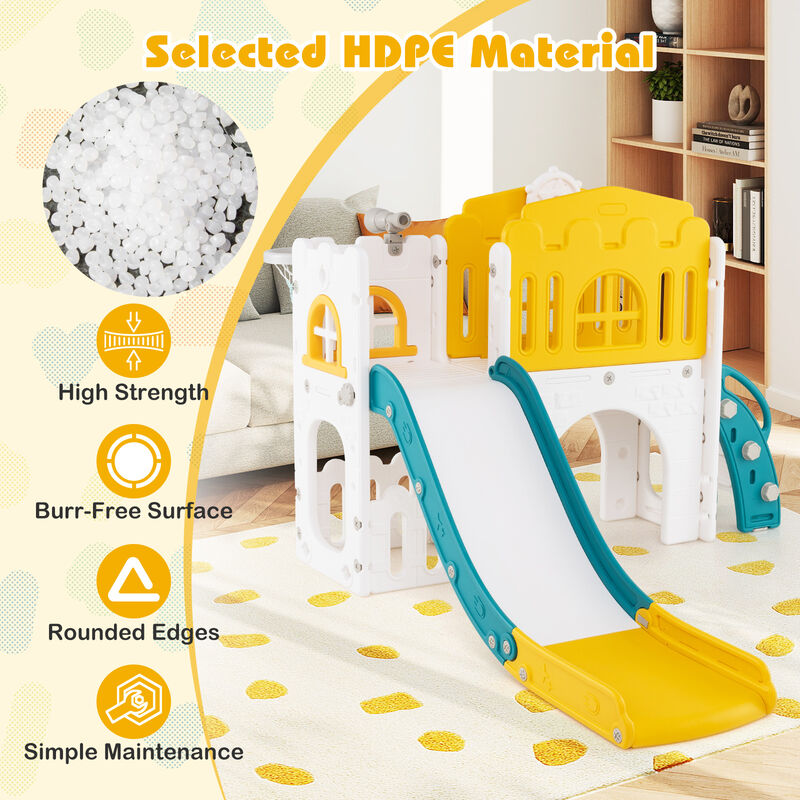 L-Shaped 9 in 1 Toddler Slide with Basketball Hoop and Steering Wheel for Kids image number 5