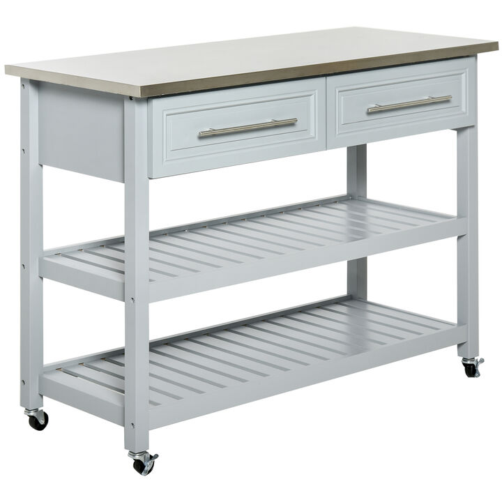 Pine Wood Mobile Kitchen Island Utility Cart w/ Stainless Steel Gray