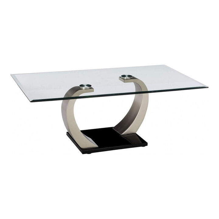Rectangular Glass Top Coffee Table with Pedestal Base,Black and Silver-Benzara