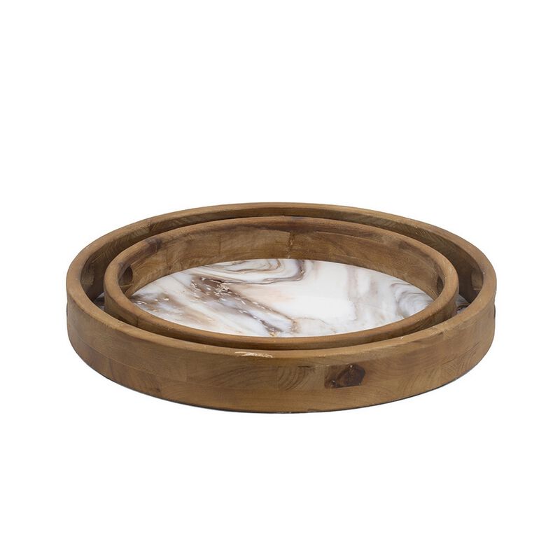 18, 15 Inch Round Decorative Tray, Marble Effect, Brown Fir Wood Frame image number 5