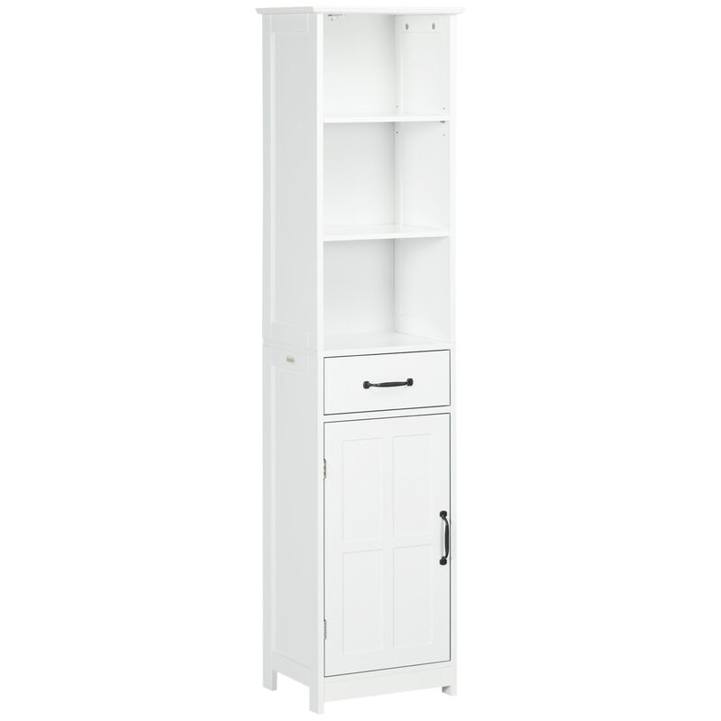 Modern Bathroom Cabinet, Narrow Storage Cabinet with 3 Open Shelves, Drawer, Recessed Door and Adjustable Shelf, White image number 1
