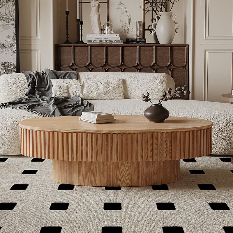 Oval coffee table with storage Solid wood veneer and MDF modern coffee table with fluted base Accent tea coffee table for living room image number 3