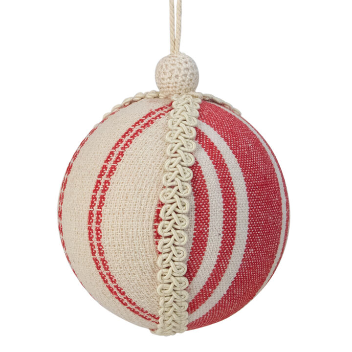 4.75" White and Red Striped Ball Christmas Ornament with Rope Accent