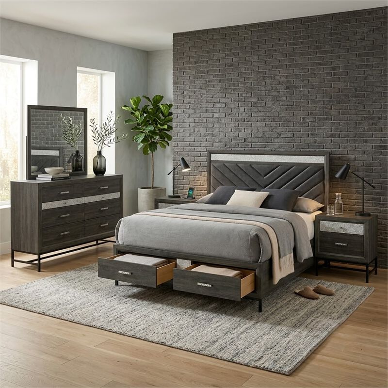 Lito 5pc Queen Bedroom Set, 2 Nightstands, Gray Upholstery, Storage Bed image number 1