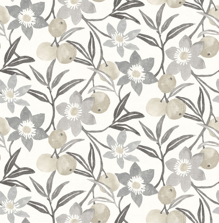 Passiflora Charcoal Fruit and Floral Wallpaper