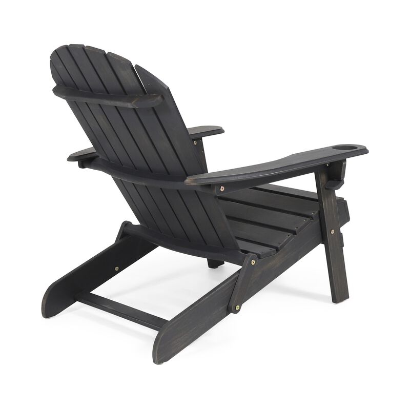 Outdoor Adirondack Chair with Cupholders, Foldable, Dark Gray Wood Finish - Benzara