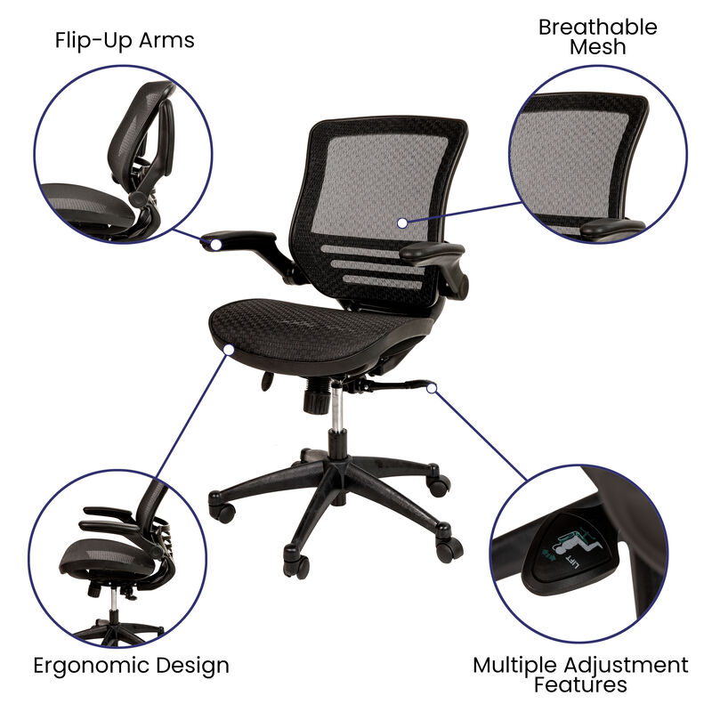 Warfield Mid-Back Transparent Black Mesh Executive Swivel Office Chair with Melrose Gold Frame and Flip-Up Arms image number 5
