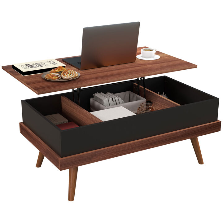 HOMCOM Lift Top Coffee Table, 39.25" Coffee Table with Hidden Compartments and Wood Legs, Walnut