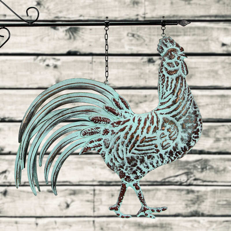 33.5 inch Verdigris Rooster Hanging Metal Wall Sculpture with Wall Bracket image number 6