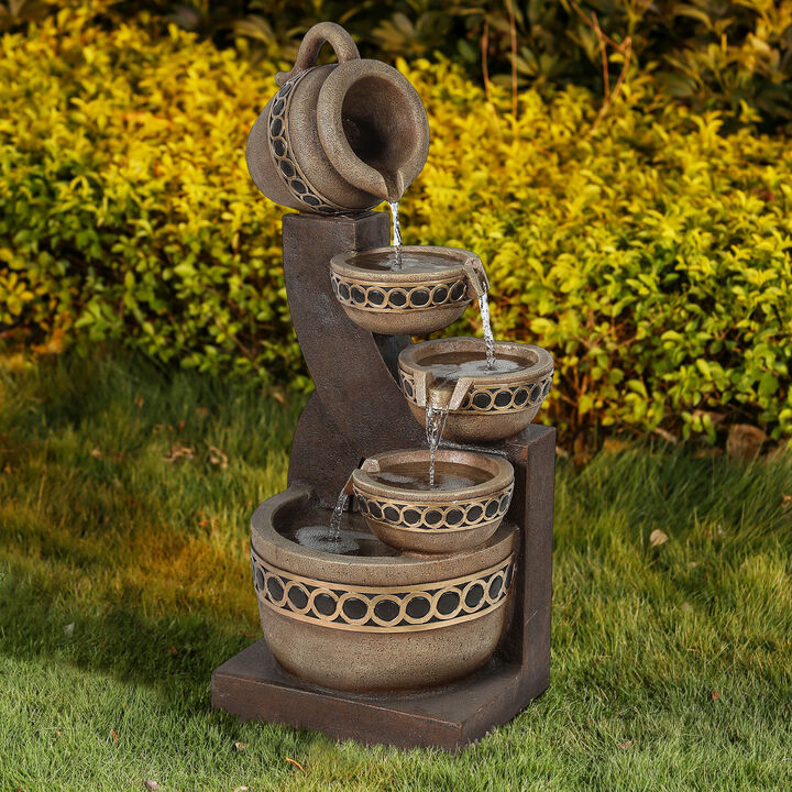 LuxenHome Brown Resin Cascading Pitchers Outdoor Fountain