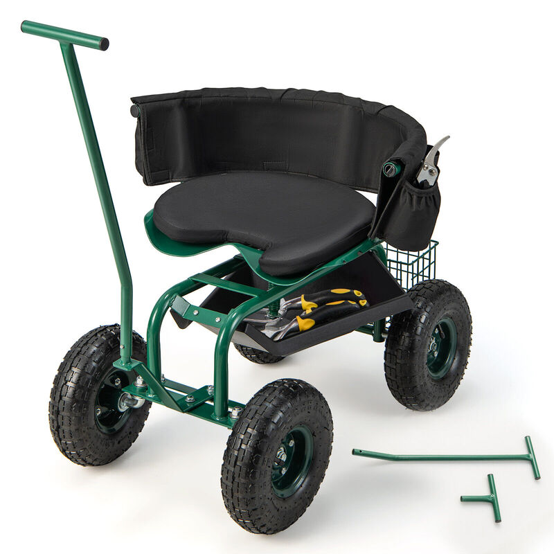Rolling Garden Cart with Height Adjustable Swivel Seat and Storage Basket-Green