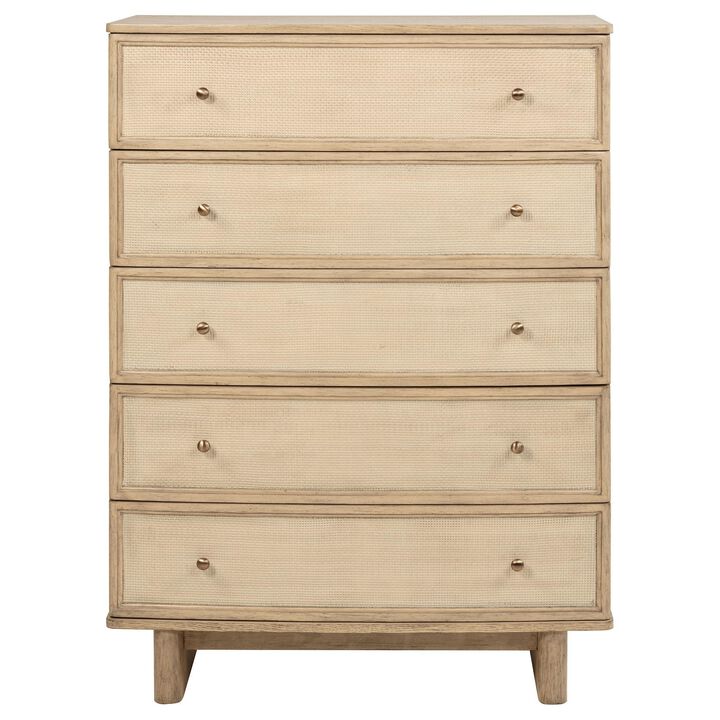 Lno Tall Dresser Chest, 5 Cane Accent Drawers w Brass Knobs, Oak Beige - Benzara