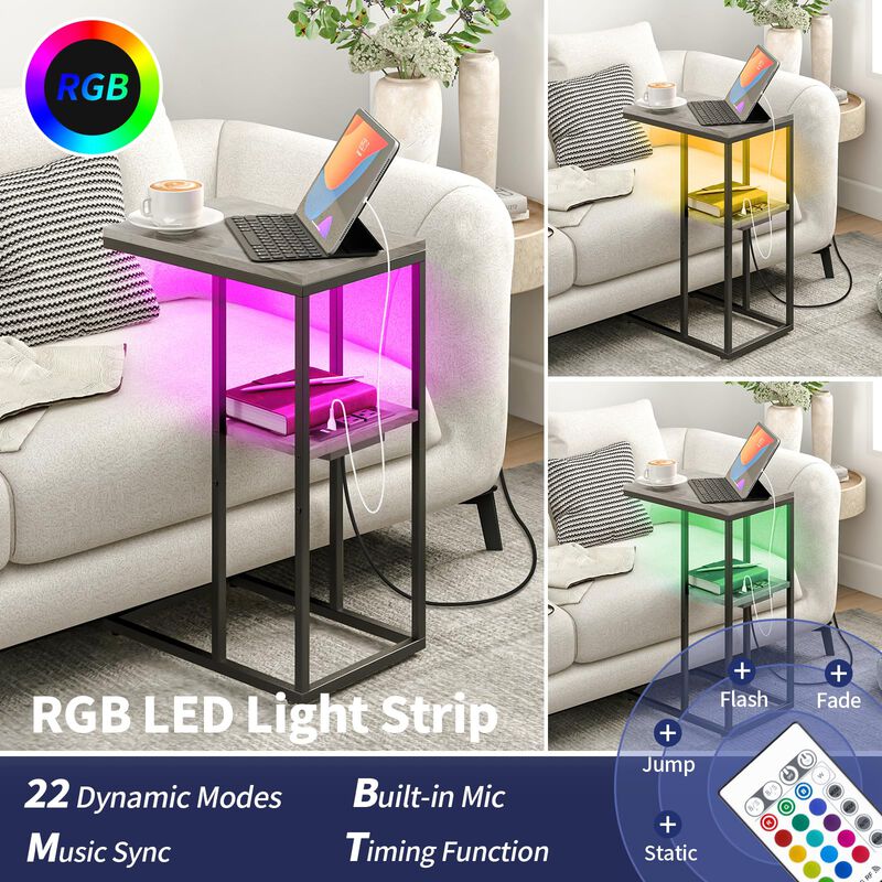 Yoobure LED C Shaped End Table with Charging Station, Small Side Tables for Living Room Bedroom, TV Tray Table with USB Ports an
