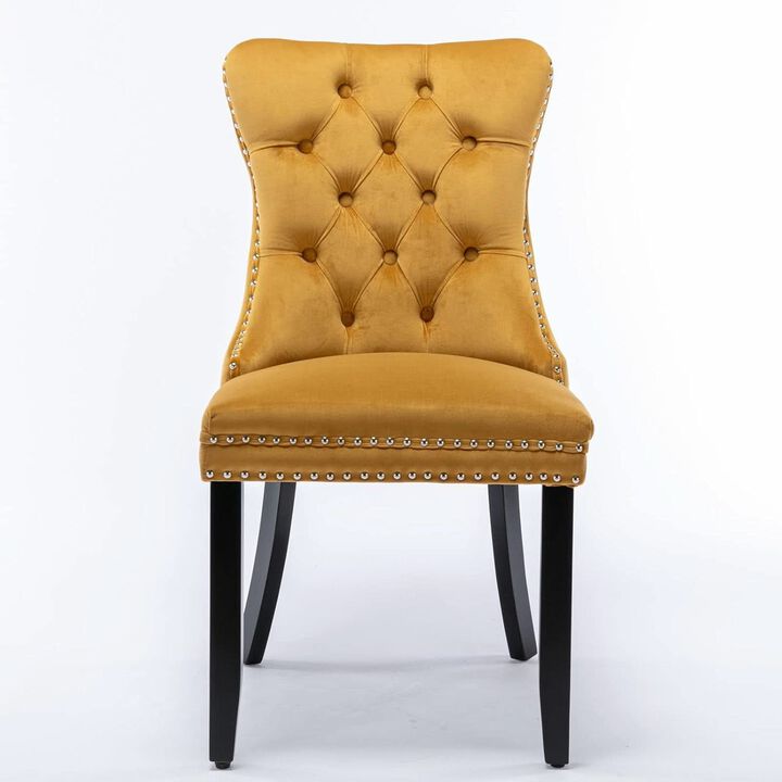 ShipItFurniture Velvet Dining Chairs Gold Finishing Collection Set - 2-Piece High-Back Tufted Velvet Side Chairs, Walnut Legs