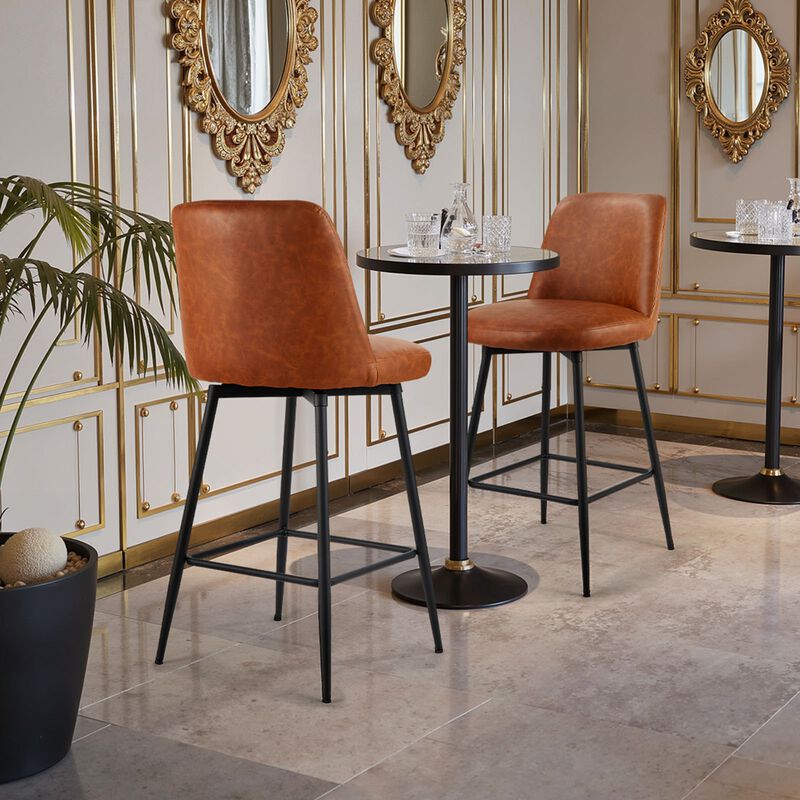 Set of 2 Counter Height Swivel Bar Stools with Backrest PU Leather Metal Legs Kitchen Chairs-Brown image number 1