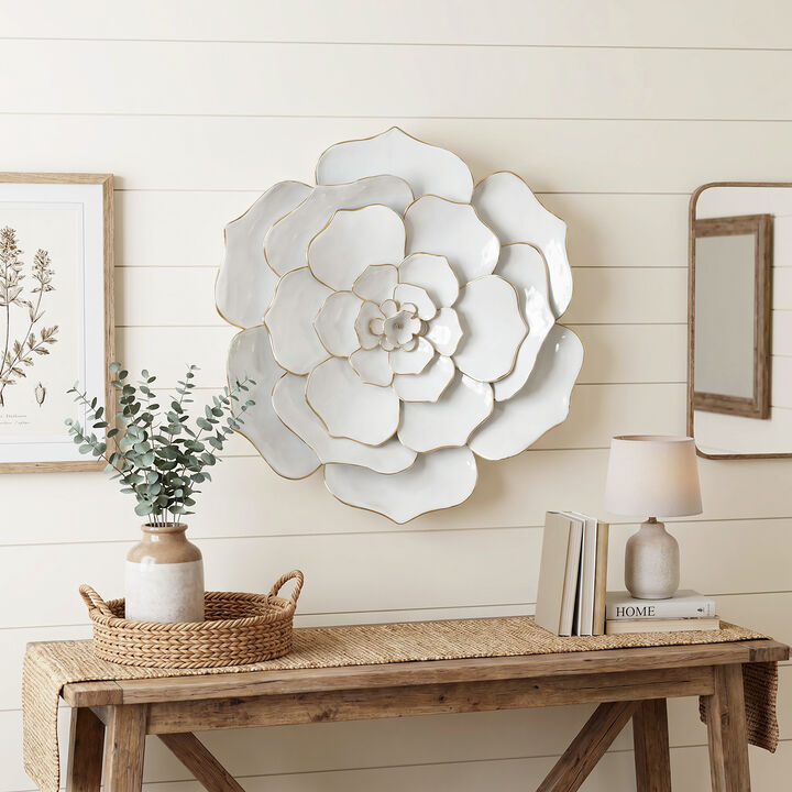 25" Bloom Metal Floral Wall Art Decor, White Gold