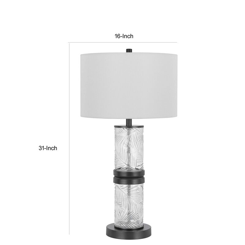 Hem 31 Inch Table Lamp with Drum Hardback, LED, Leafy Glass, Gray Metal - Benzara