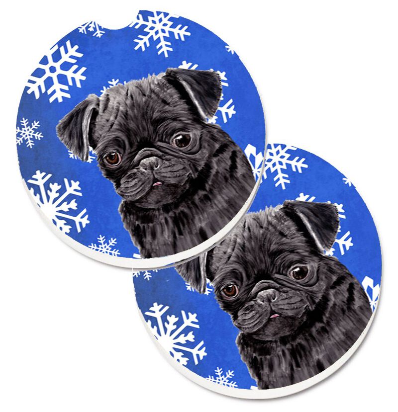 Caroline's Treasures Pug Winter Snowflakes Holiday Set of 2 Cup Holder Car Coasters SC9366CARC, 2.56, Multicolor image number 0