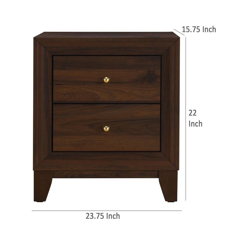 Yels Nightstand with 2 Drawers, Gold Metal Knobs, Walnut Brown