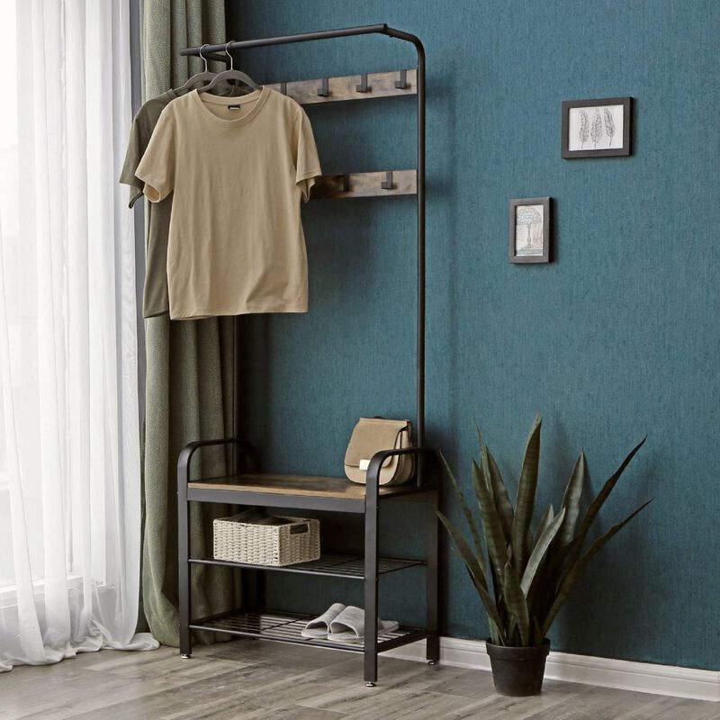 Hivvago Entryway Modern Industrial Style Hall Tree Coat Rack Shoe Storage Bench