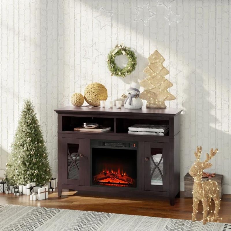 Hivvago Espresso Electric Fireplace Mantel TV Stand w/ Adjustable Shelves 2 Storage Cabinets