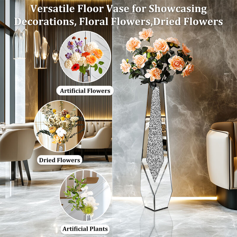 XL Floor Vase Sparkle Diamond Crushed Silver Mirrored Vase Bevelled Border Base image number 5