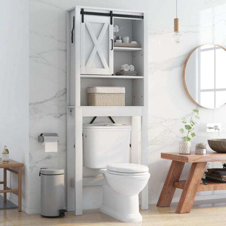 3-Tier Wooden Bathroom Cabinet with Sliding Barn Door and 3-position Adjustable Shelves