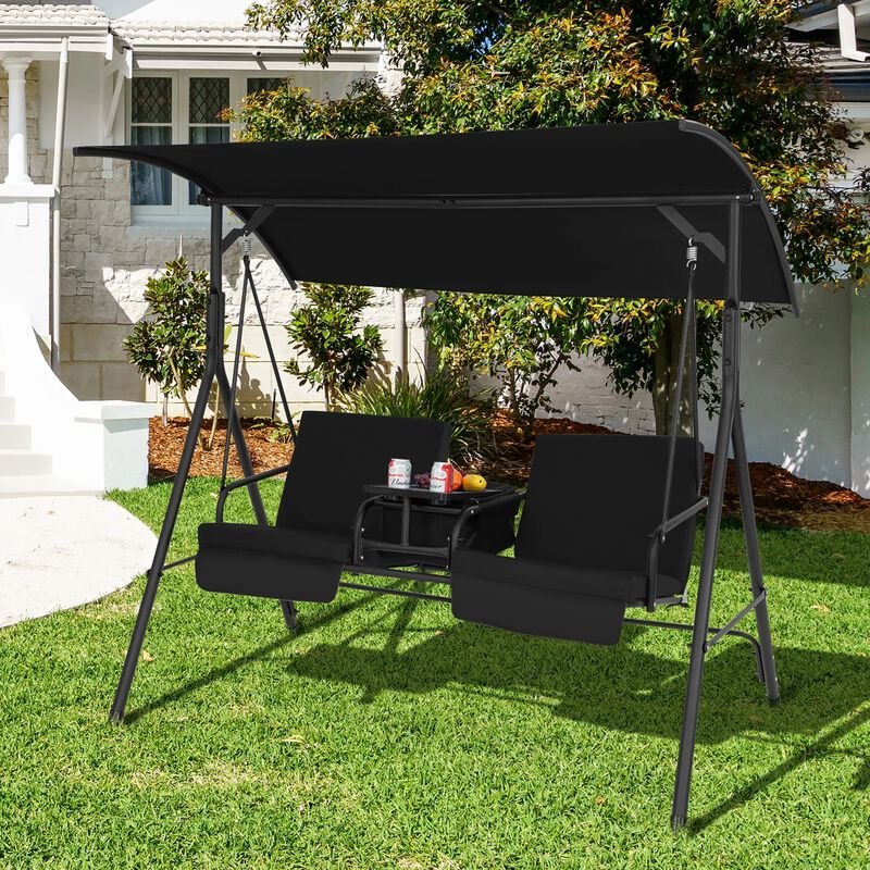 Mondawe 2-Person Canopy Metal Porch Swing Padded Chair with Cooler Bag Rotatable Tray