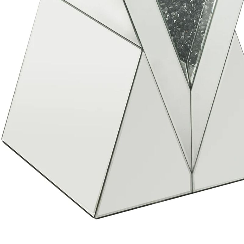 Noe 24 Inch Mirrored End Table, V Pedestal Base, Faux Diamond, Silver-Benzara