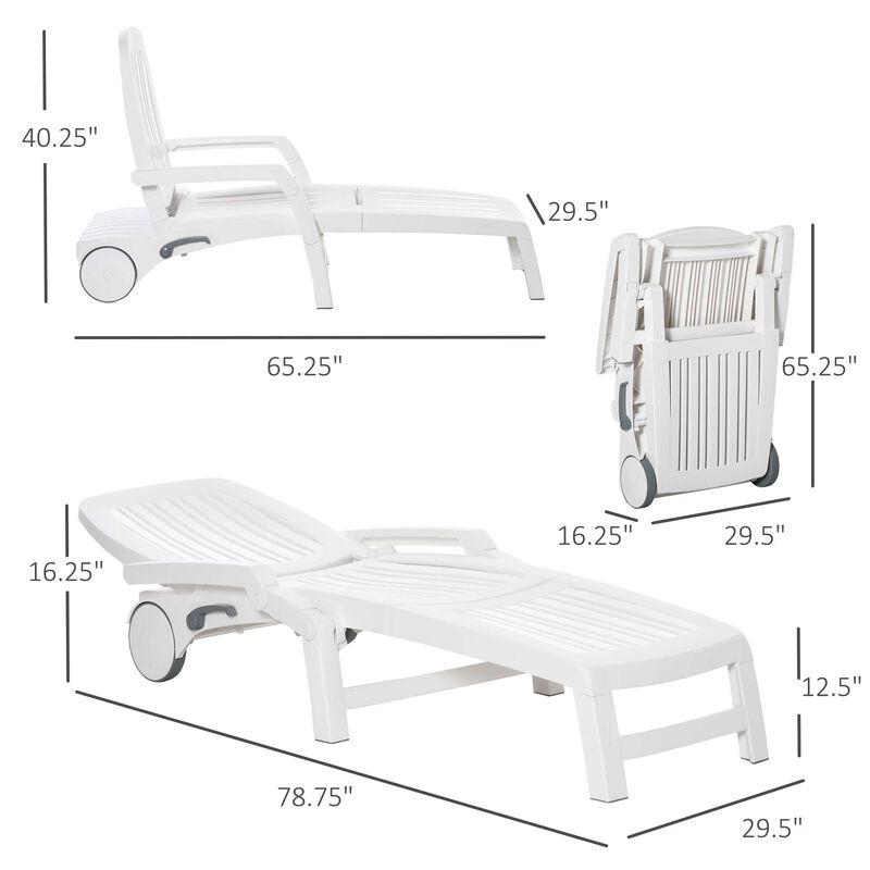 Outsunny Outdoor Chaise Lounge Chair on Wheels with Storage Box, Waterproof Lounger with Quick Assembly, Folding Design, 5 Level Adjustable Backrest for Pool, Beach, Patio, Garden, White