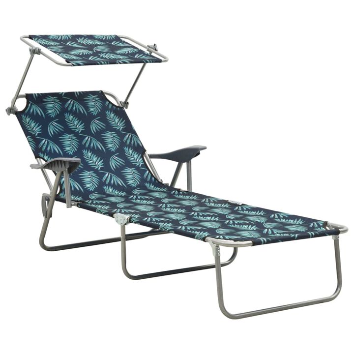 vidaXL Sun Lounger with Canopy - Adjustable, Foldable and Portable Outdoor Day Bed with Leaf Print & Powder-Coated Steel Frame - Perfect for Garden, Beach and Poolside