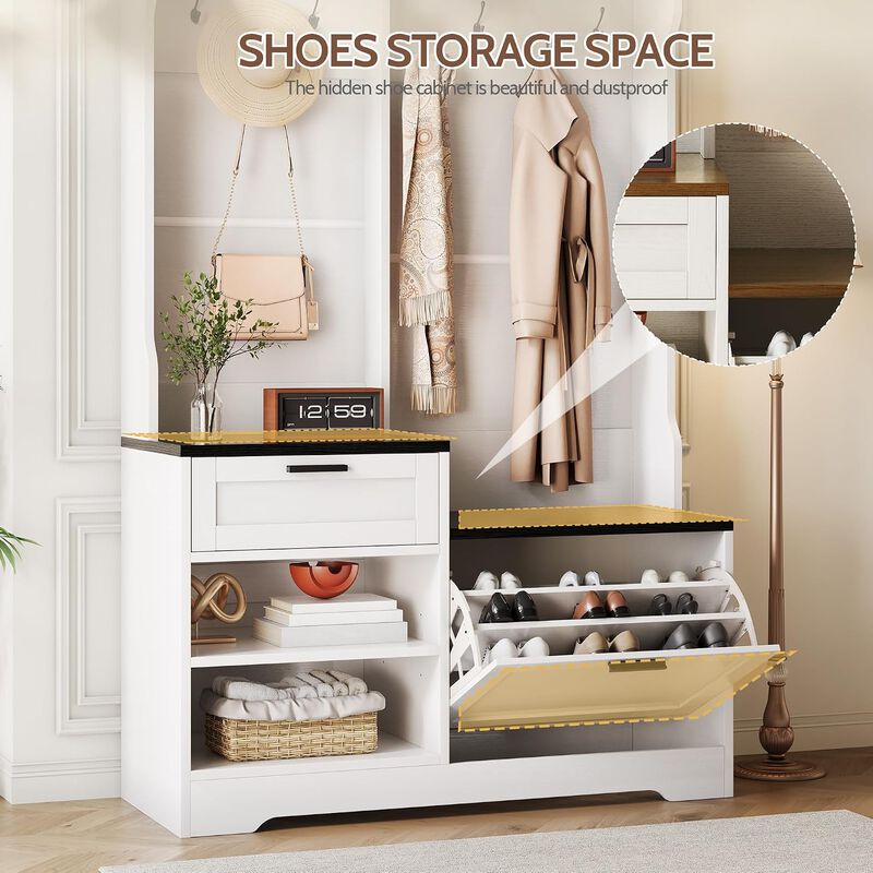 Hall Tree, 43.3" Entryway Coat Rack with Bench Shoe Storage, 6-in-1 Entryway Bench with Flip Drawer, 7 Hooks, 4 Storage Cubbies, Adjustable Shelf image number 6