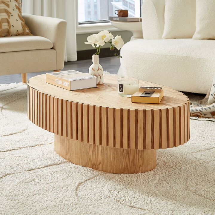 Modern Handcraft Drum Coffee Table 43.7 Inch Oval Pedestal Table Natural Ash MDF