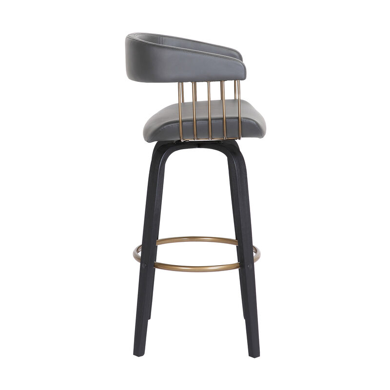 Topanga  Swivel Black Wood Counter Stool in Grey Faux Leather with Golden Bronze Metal
