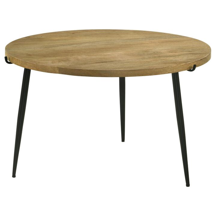Benjara Pia 30 Inch Coffee Table, Mango Wood Top, Round, Iron Tripod Legs, Brown, Black