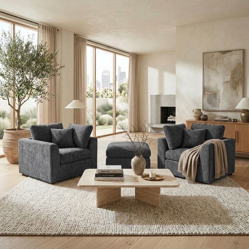 Merax 3-Piece Chenille Chair & Ottoman Set with Pocket Springs &ndash; 2 Accent Chairs image number 1