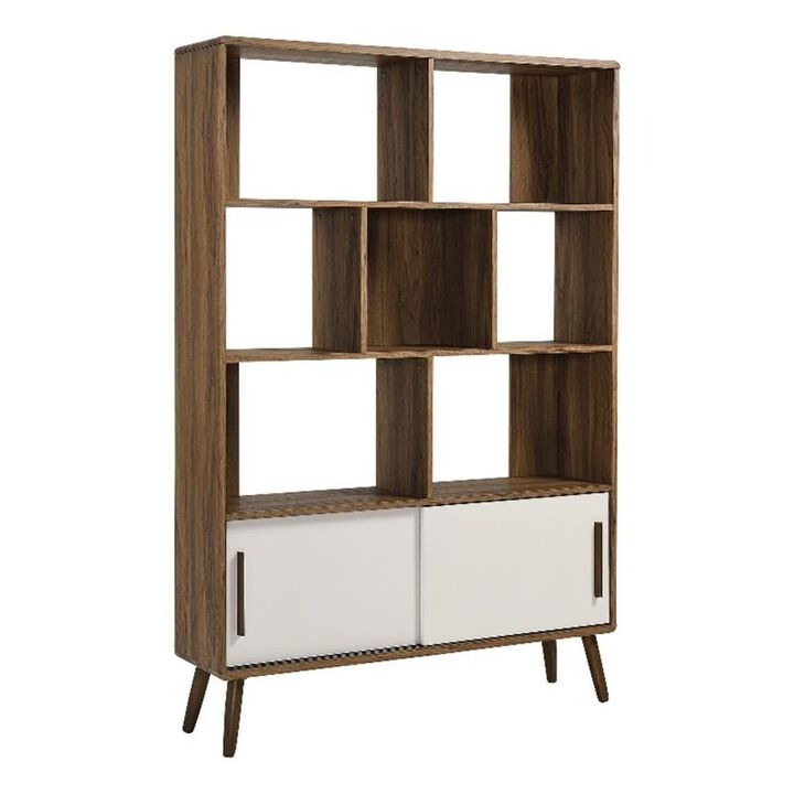 Modway Transmit 8 Shelf Bookcase with Sliding Doors in Walnut - 45 Inch Wood Mid-Century Modern Bookshelf - 4 Tier Tall Open Display Storage Cabinet for Living Room, Office, Hallway