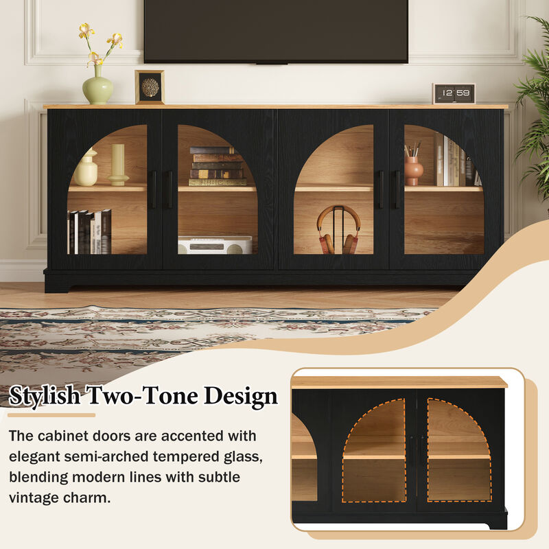 TATEUS Elegant Farmhouse Media Sideboard with Semi-Arched Glass Doors, 70" TV Stand Cable Management image number 2